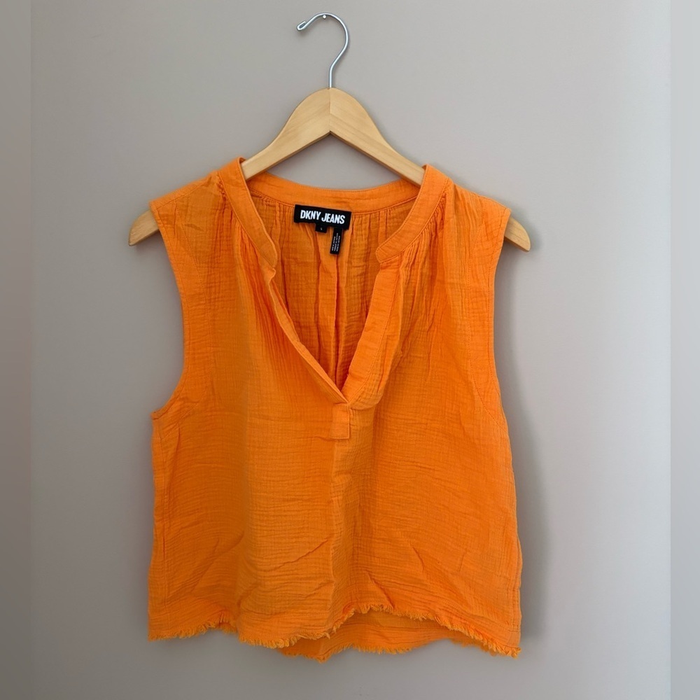 DKNY Jeans Vibrant Orange Sleeveless Blouse Split Neck size Small - Picture 2 of 6